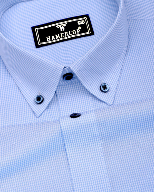 SkyBlue With White Micro Check Formal Cotton Shirt