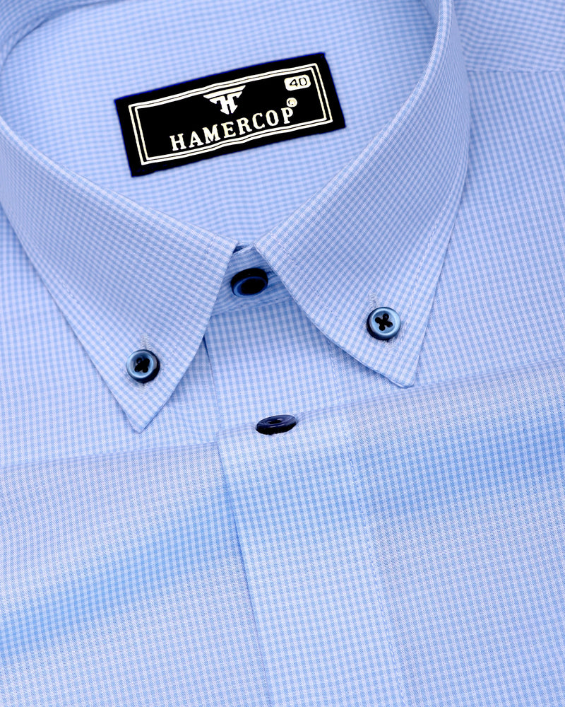 SkyBlue With White Micro Check Formal Cotton Shirt