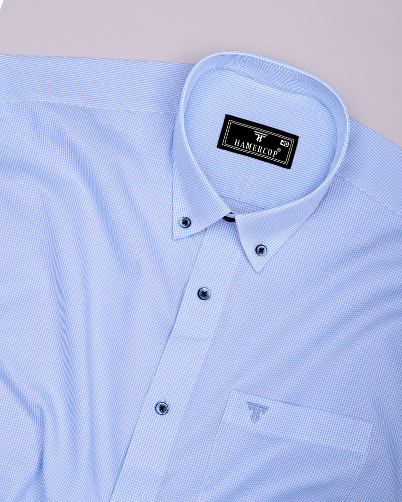 SkyBlue With White Micro Check Formal Cotton Shirt