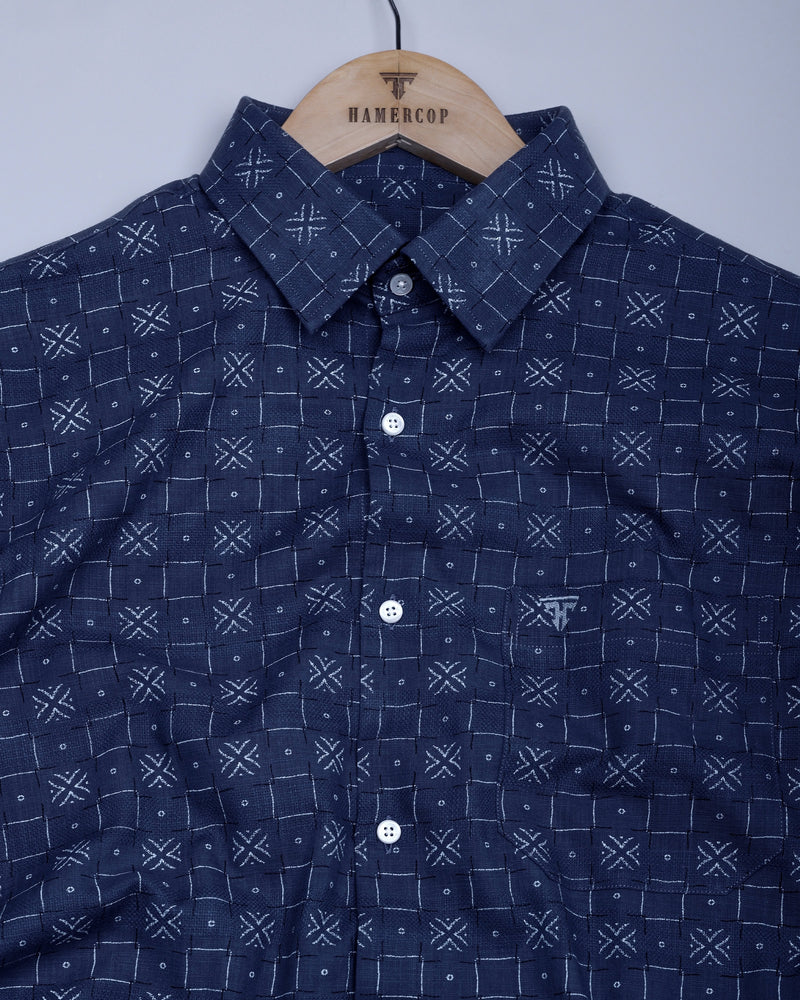 Pecan Blue With White Printed Dobby Cotton Shirt
