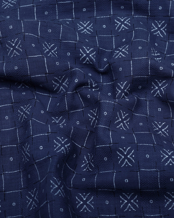 Pecan Blue With White Printed Dobby Cotton Shirt