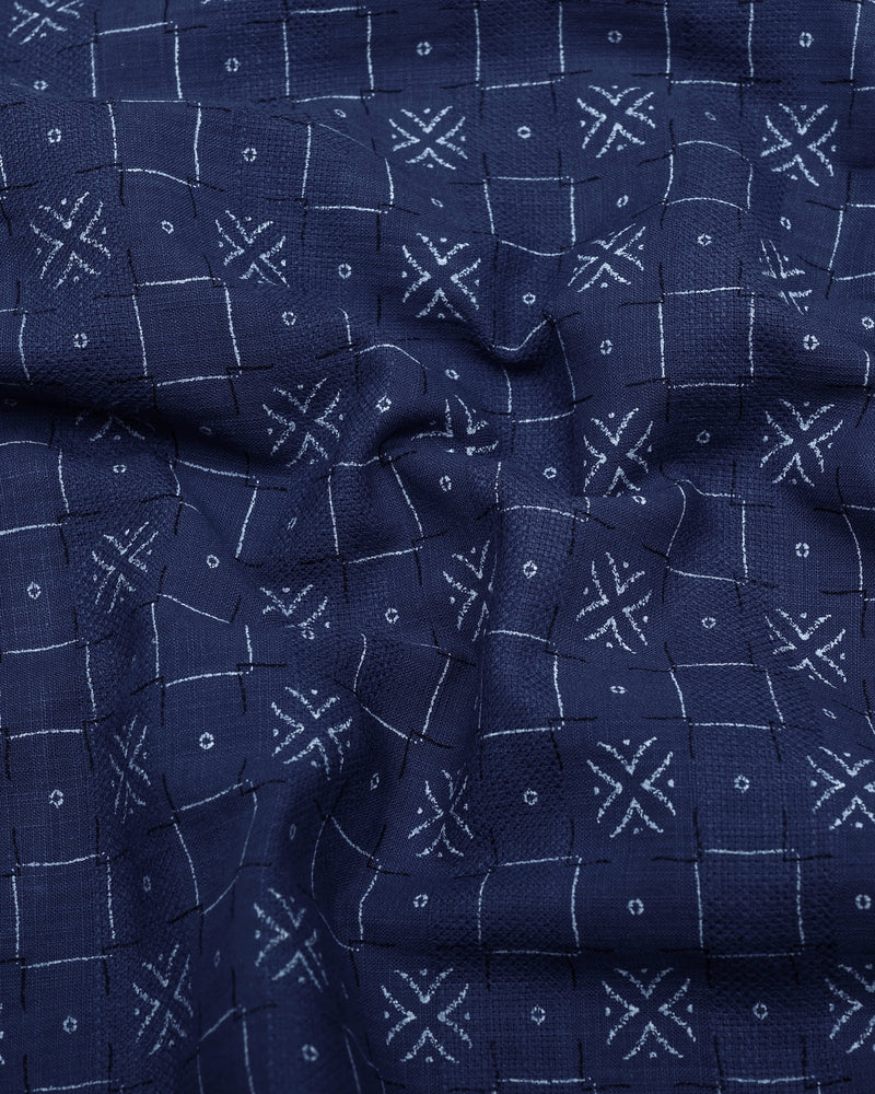 Pecan Blue With White Printed Dobby Cotton Shirt