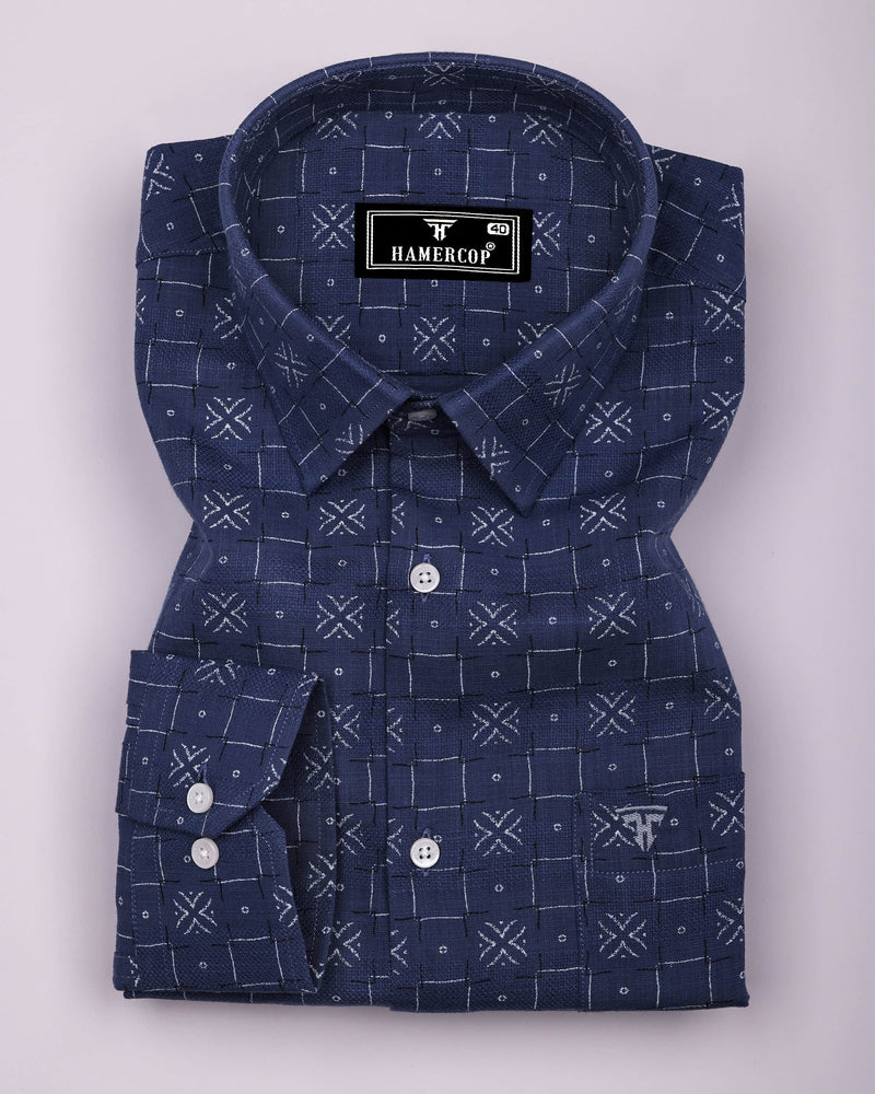 Pecan Blue With White Printed Dobby Cotton Shirt