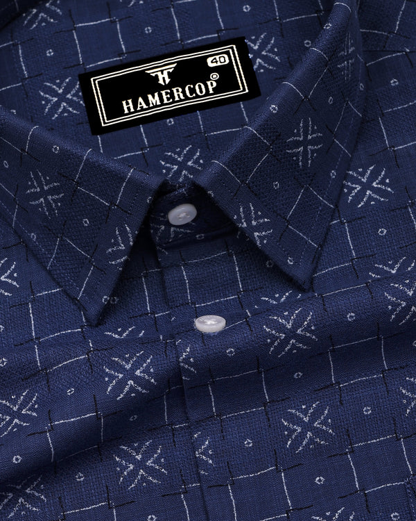 Pecan Blue With White Printed Dobby Cotton Shirt