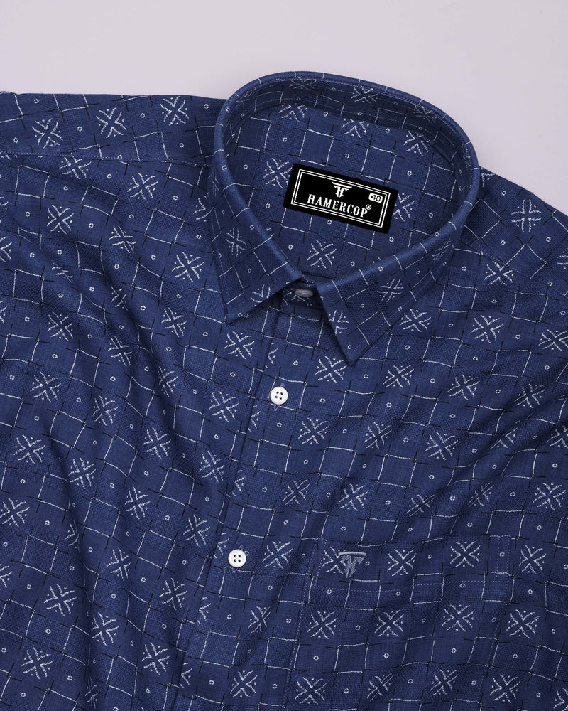 Pecan Blue With White Printed Dobby Cotton Shirt
