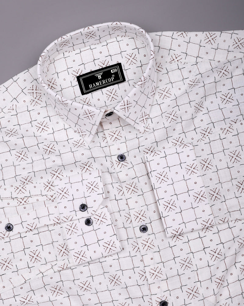 Pecan White With Brown Printed Dobby Cotton Shirt
