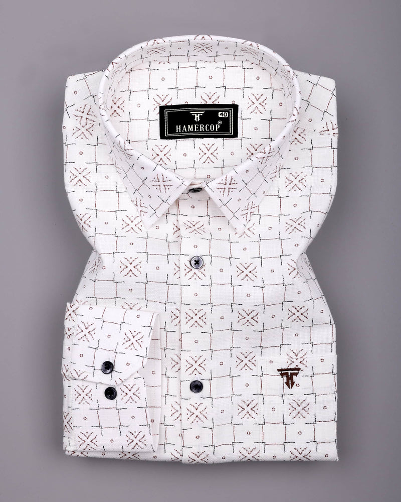 Pecan White With Brown Printed Dobby Cotton Shirt