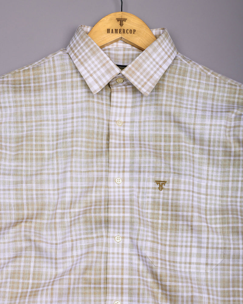 Taupe Cream With White Check Linen Cotton Shirt