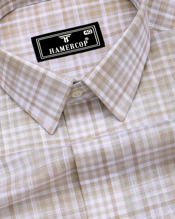 Taupe Cream With White Check Linen Cotton Shirt
