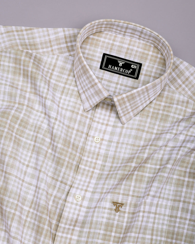 Taupe Cream With White Check Linen Cotton Shirt