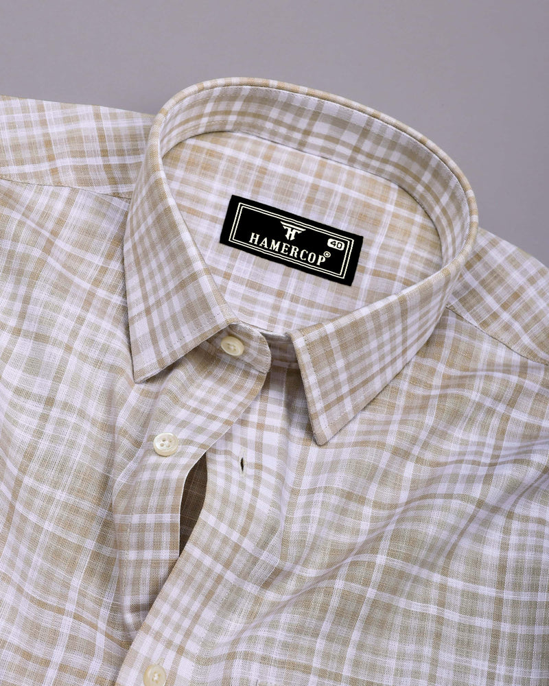 Taupe Cream With White Check Linen Cotton Shirt