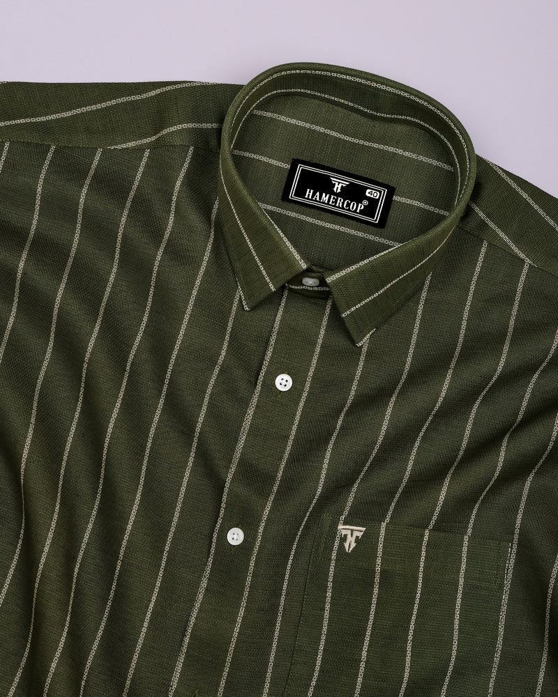 Temper Green With Cream Dobby Stripe Cotton Shirt