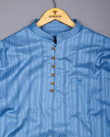 Zamora Blue Self Stripe Dobby Cotton Shirt Style Kurta