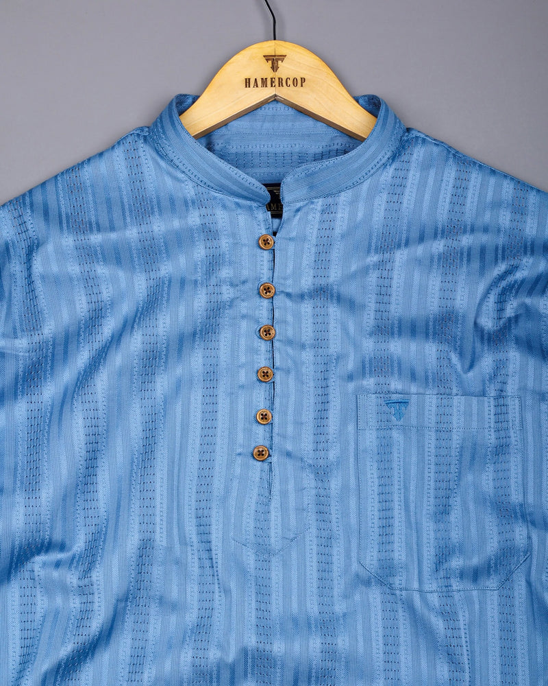 Zamora Blue Self Stripe Dobby Cotton Shirt Style Kurta
