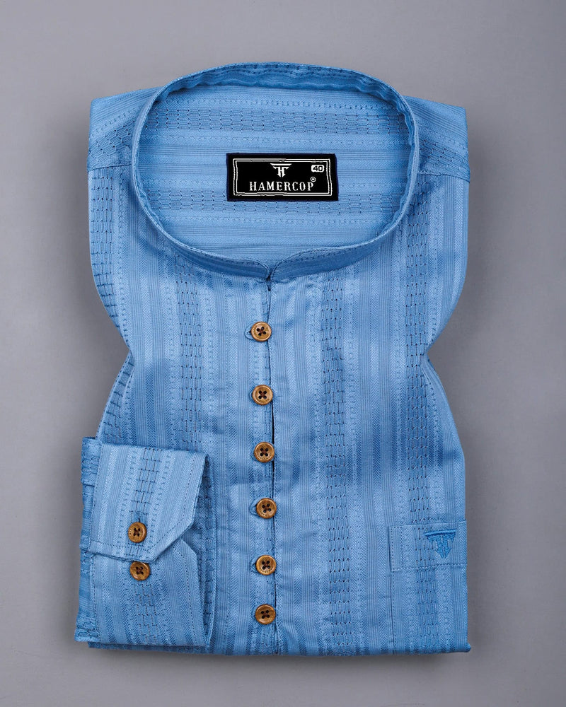 Zamora Blue Self Stripe Dobby Cotton Shirt Style Kurta