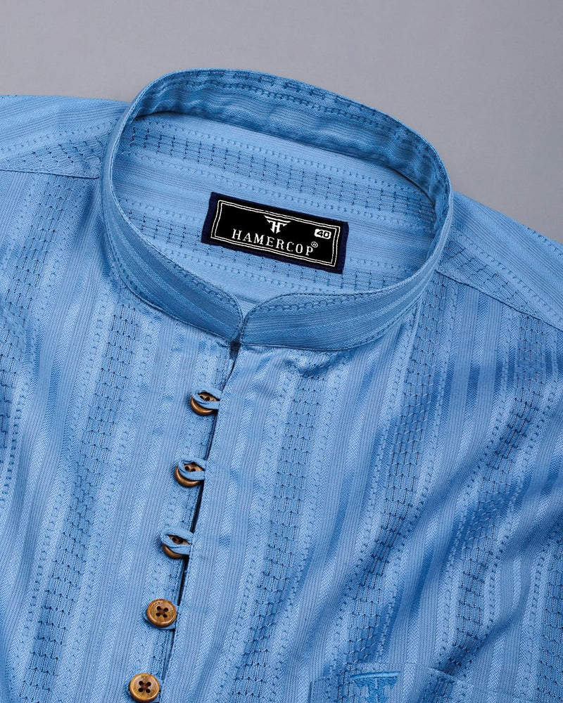 Zamora Blue Self Stripe Dobby Cotton Shirt Style Kurta