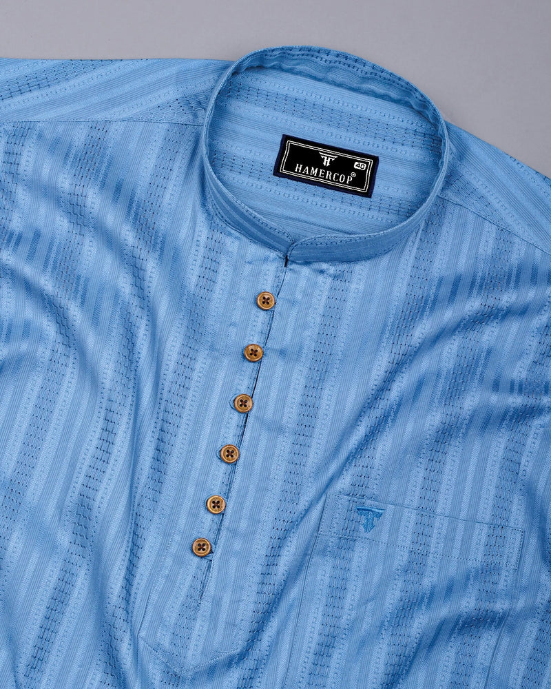 Zamora Blue Self Stripe Dobby Cotton Shirt Style Kurta