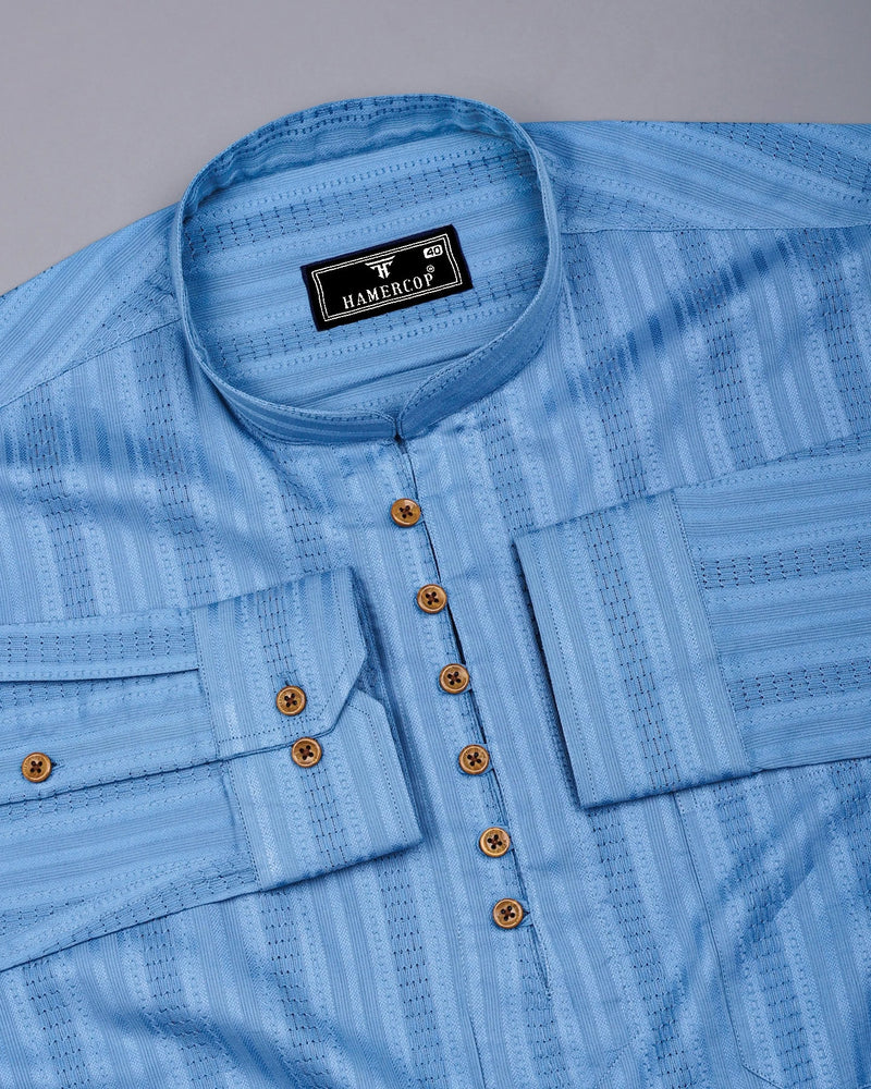Zamora Blue Self Stripe Dobby Cotton Shirt Style Kurta
