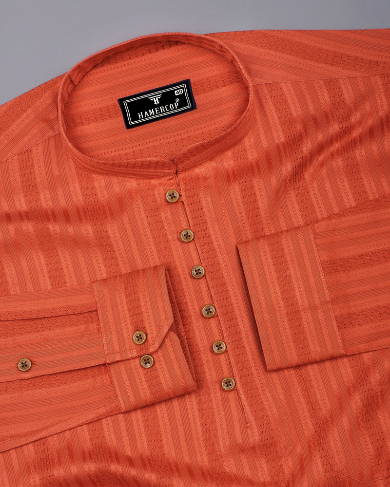 Zamora Orange Self Stripe Dobby Cotton Shirt Style Kurta