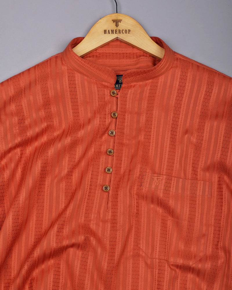 Zamora Orange Self Stripe Dobby Cotton Shirt Style Kurta