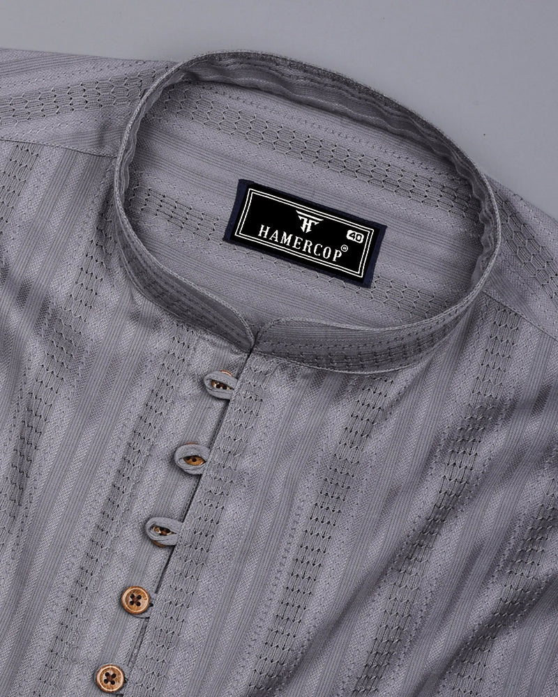 Zamora Silver Gray Self Stripe Dobby Cotton Shirt Style Kurta