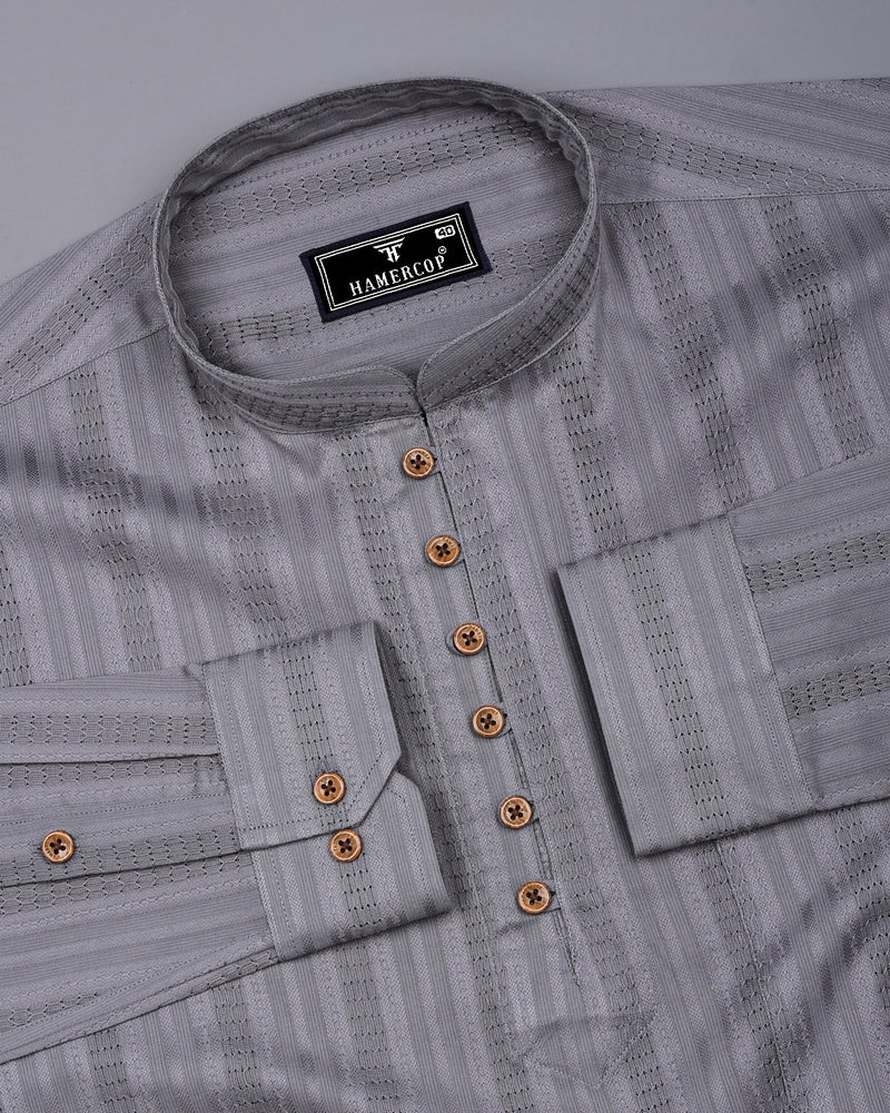 Zamora Silver Gray Self Stripe Dobby Cotton Shirt Style Kurta