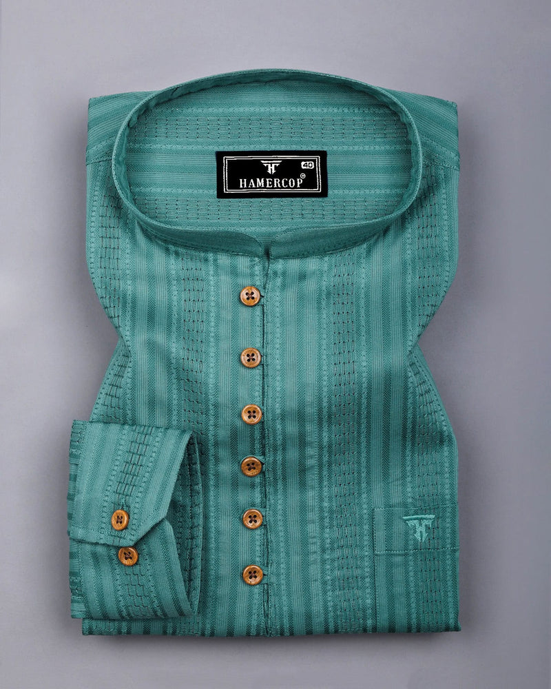 Zamora Green Self Stripe Dobby Cotton Shirt Style Kurta