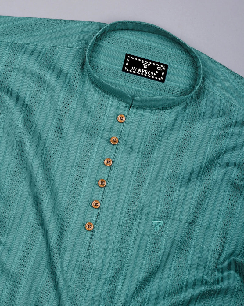 Zamora Green Self Stripe Dobby Cotton Shirt Style Kurta