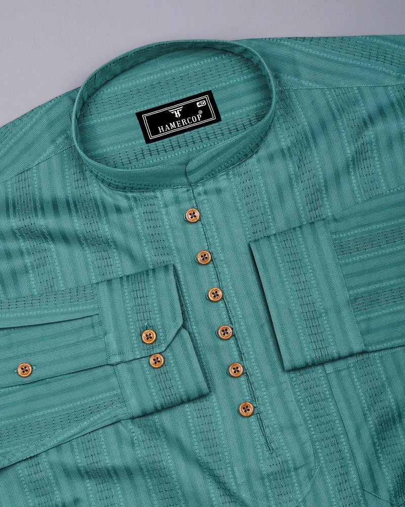Zamora Green Self Stripe Dobby Cotton Shirt Style Kurta
