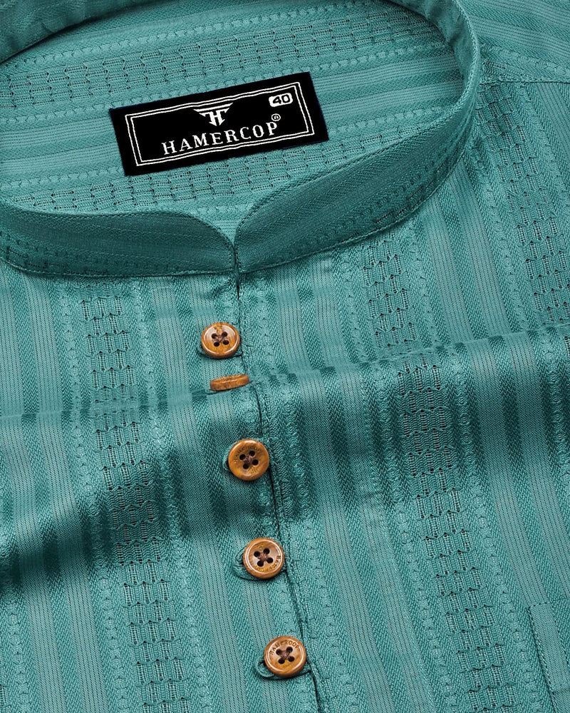 Zamora Green Self Stripe Dobby Cotton Shirt Style Kurta