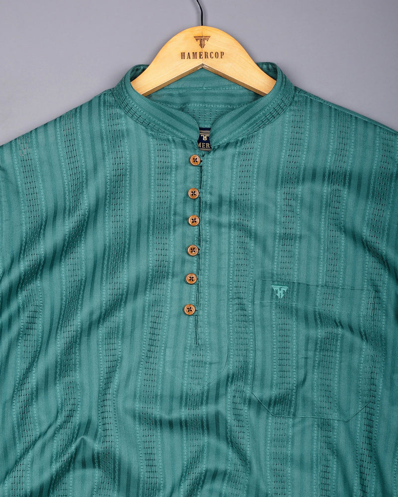 Zamora Green Self Stripe Dobby Cotton Shirt Style Kurta