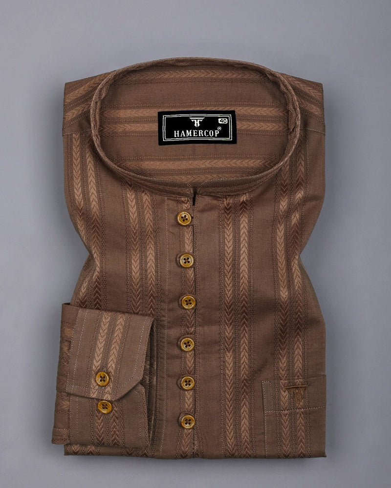 Chocolate Brown Self Stripe Dobby Cotton Shirt Style Kurta