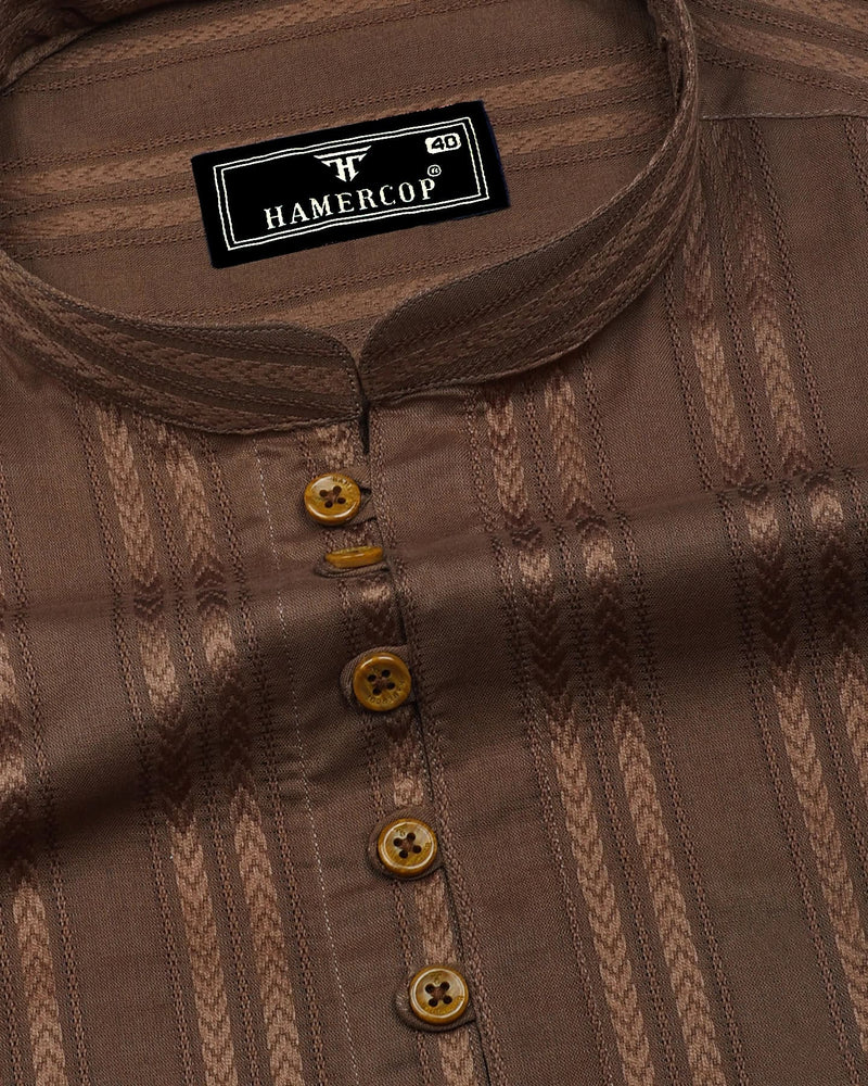 Chocolate Brown Self Stripe Dobby Cotton Shirt Style Kurta