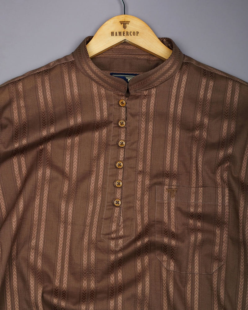 Chocolate Brown Self Stripe Dobby Cotton Shirt Style Kurta