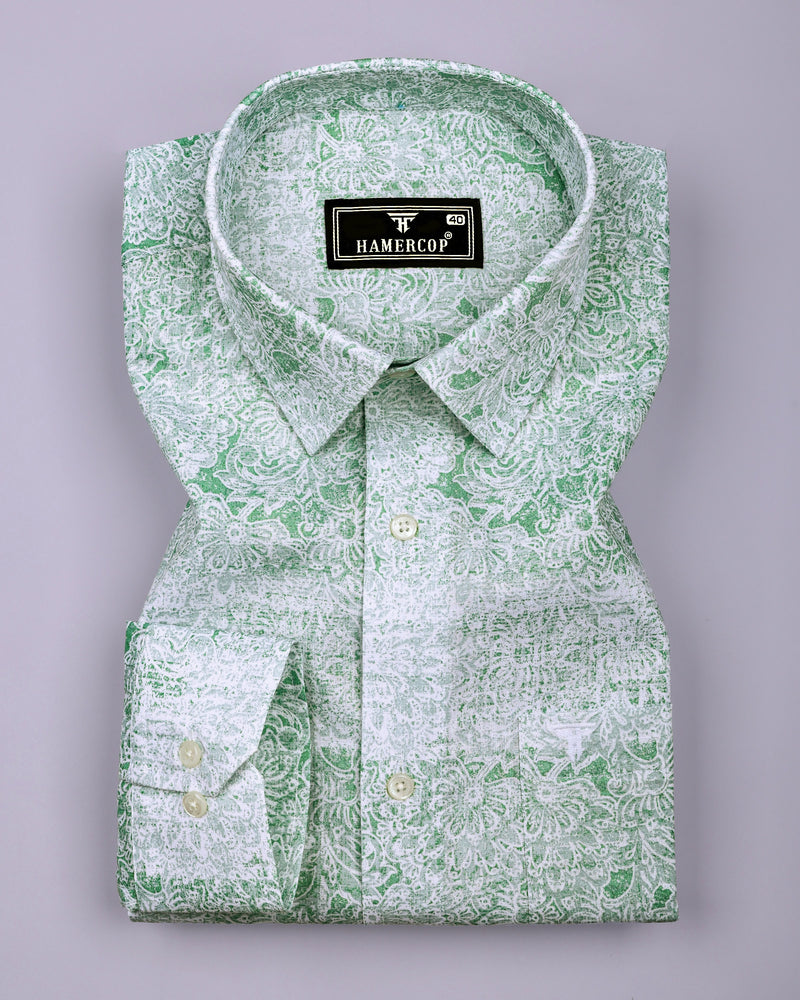 Falric Green With White Printed Linen Cotton Shirt