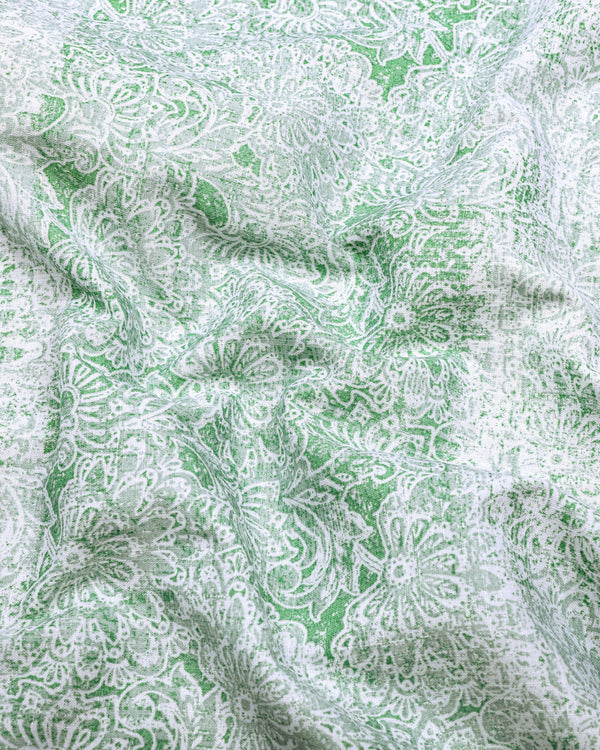 Falric Green With White Printed Linen Cotton Shirt