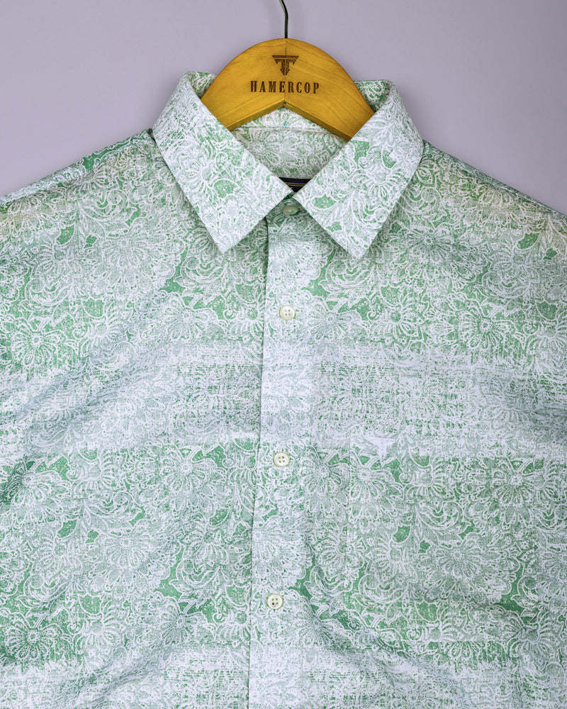 Falric Green With White Printed Linen Cotton Shirt