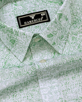 Falric Green With White Printed Linen Cotton Shirt