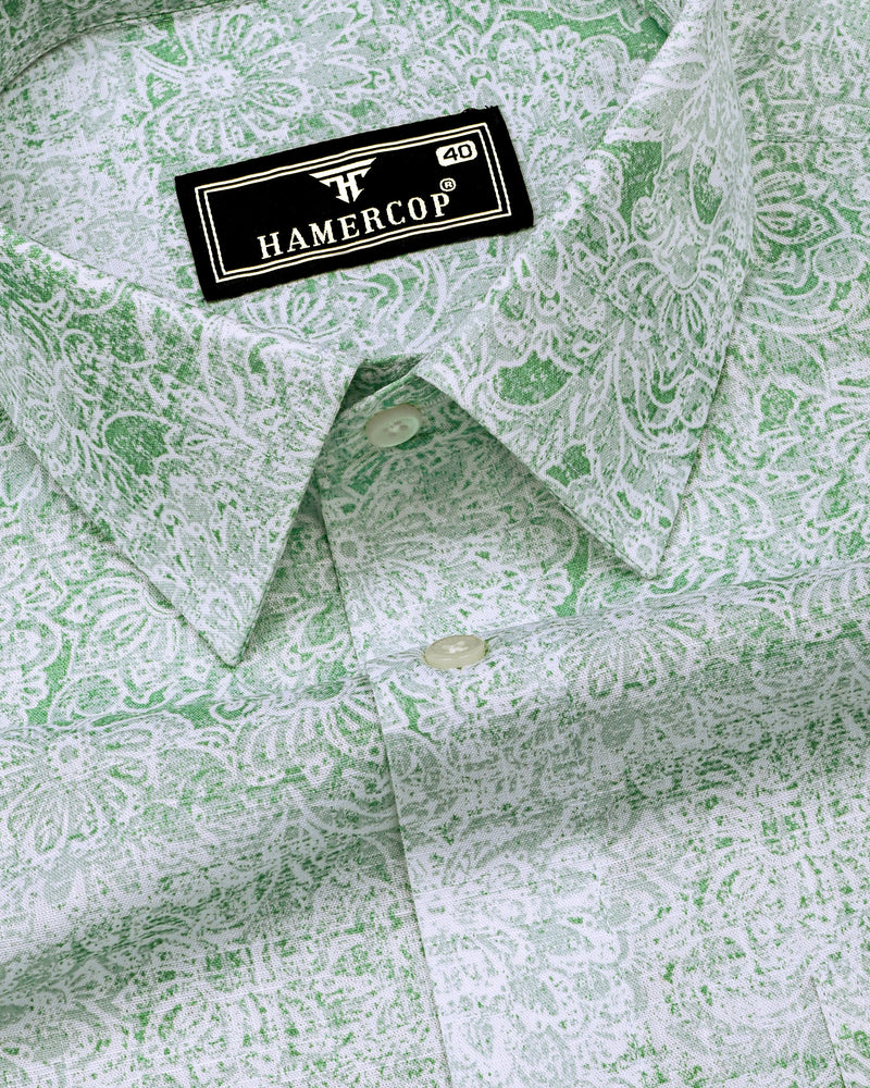 Falric Green With White Printed Linen Cotton Shirt