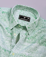 Falric Green With White Printed Linen Cotton Shirt