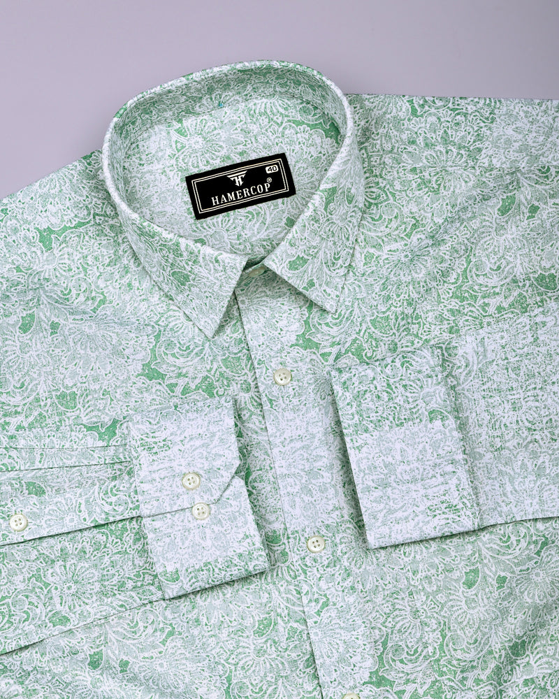 Falric Green With White Printed Linen Cotton Shirt