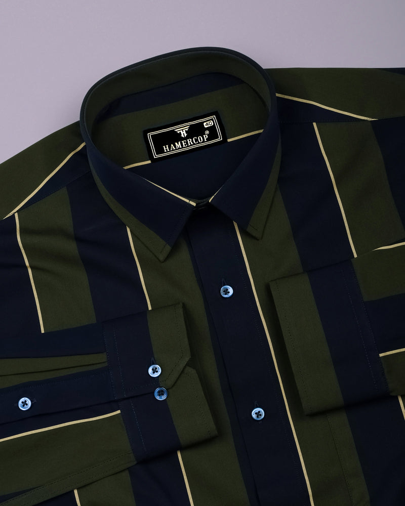 Blue With Green Broad Stripe Cotton Shirt