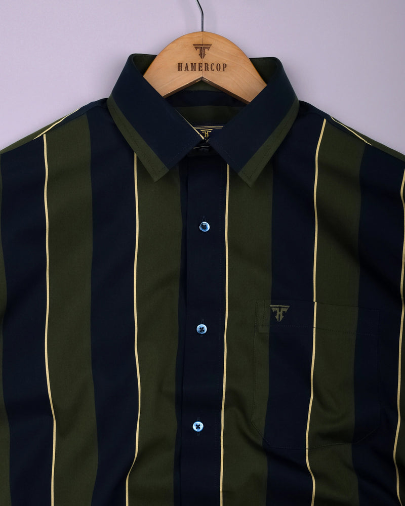Blue With Green Broad Stripe Cotton Shirt