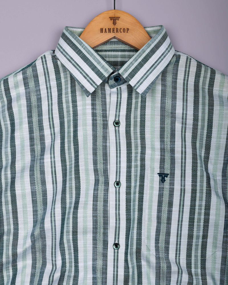 Zarex Green With White Dobby Stripe Cotton Shirt