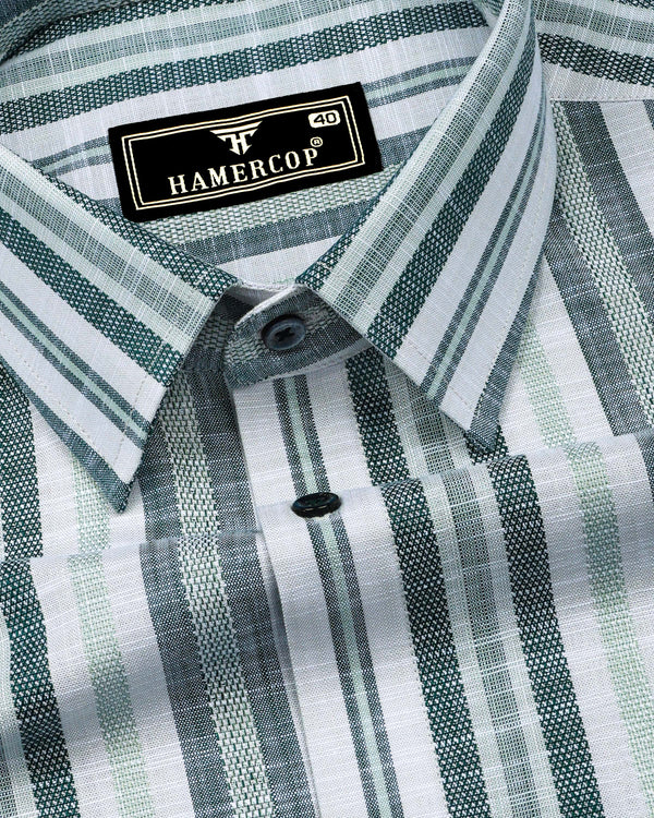 Zarex Green With White Dobby Stripe Cotton Shirt