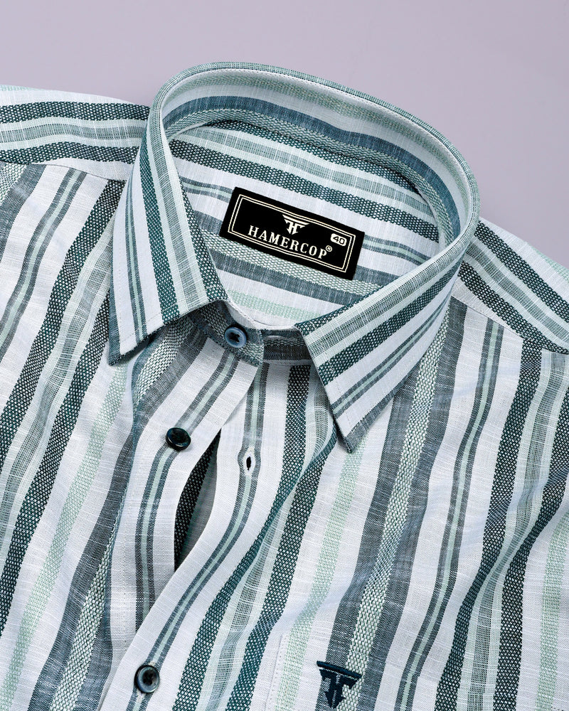 Zarex Green With White Dobby Stripe Cotton Shirt