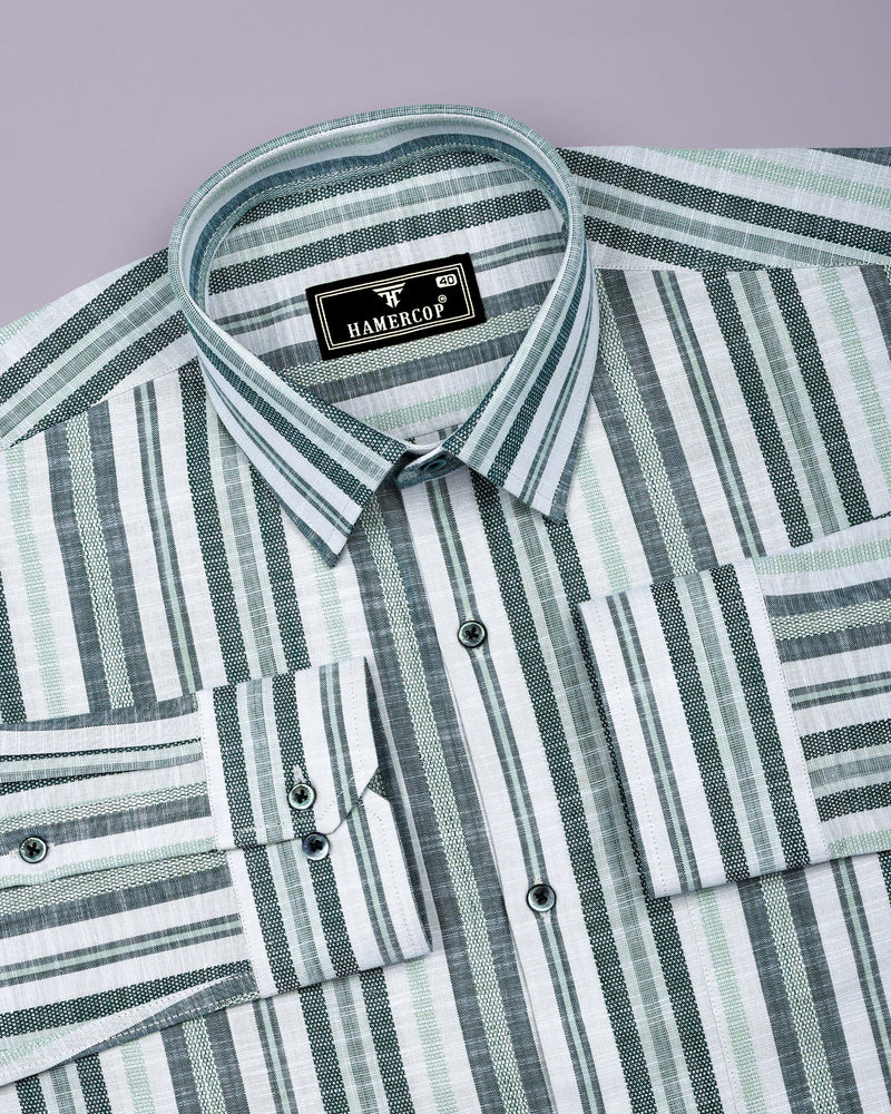 Zarex Green With White Dobby Stripe Cotton Shirt