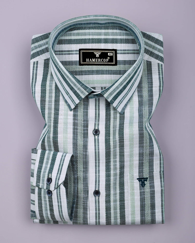Zarex Green With White Dobby Stripe Cotton Shirt