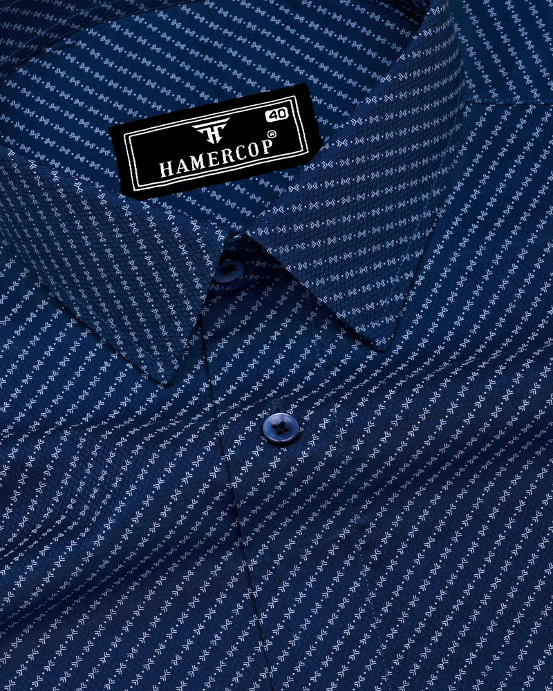 Visa Blue With White Printed Dobby Cotton Shirt