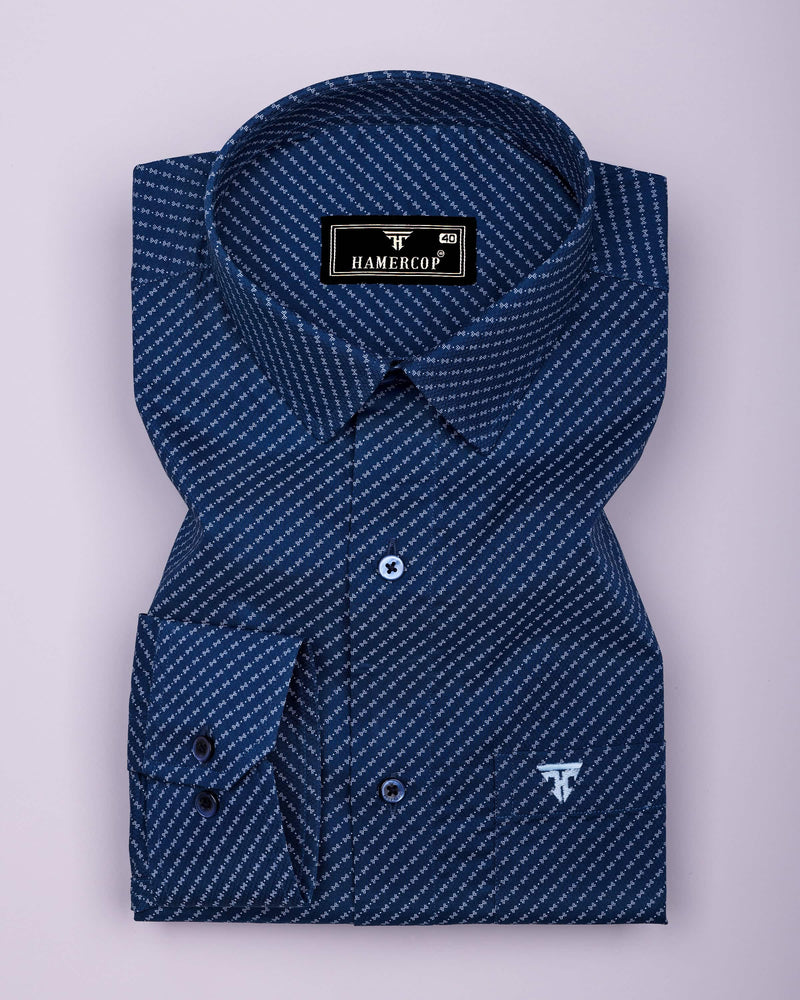 Visa Blue With White Printed Dobby Cotton Shirt